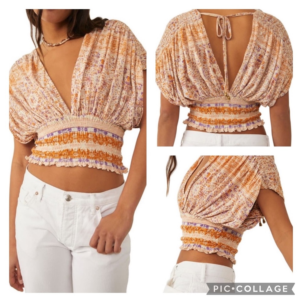 Free People Smocked Elastic V-Neck Blouse